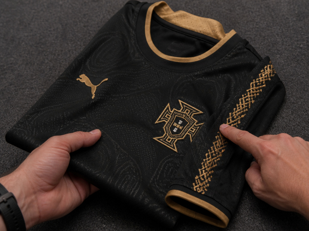 Close-up of Portugal's rumored 2026 away jersey being examined by a collector.