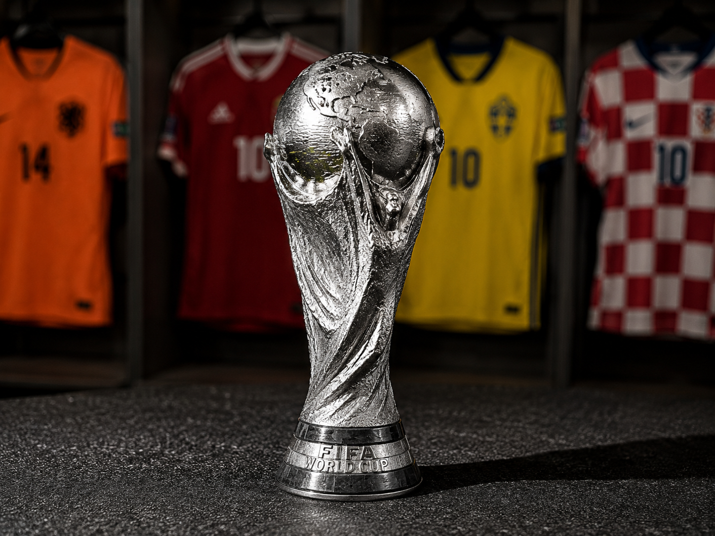 World Cup trophy with jerseys of runner-up nations Netherlands, Hungary, Sweden, Croatia