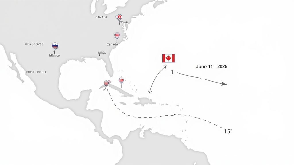 Diagram of 2026 World Cup host nations, venues, and continental travel logistics.