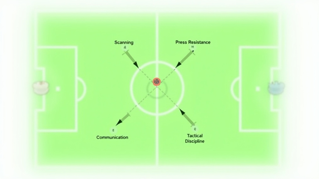 Tactical diagram explaining the four key skills of a soccer defensive midfielder