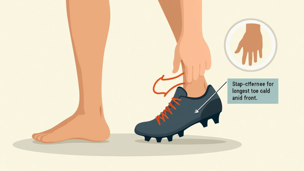 Close-up cartoon of checking soccer cleat toe space with a thumbnail for scale.