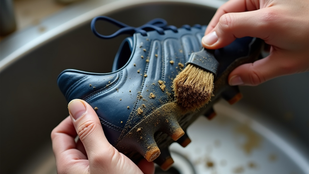 Cleaning mud from soccer cleat studs with a brush over a sink