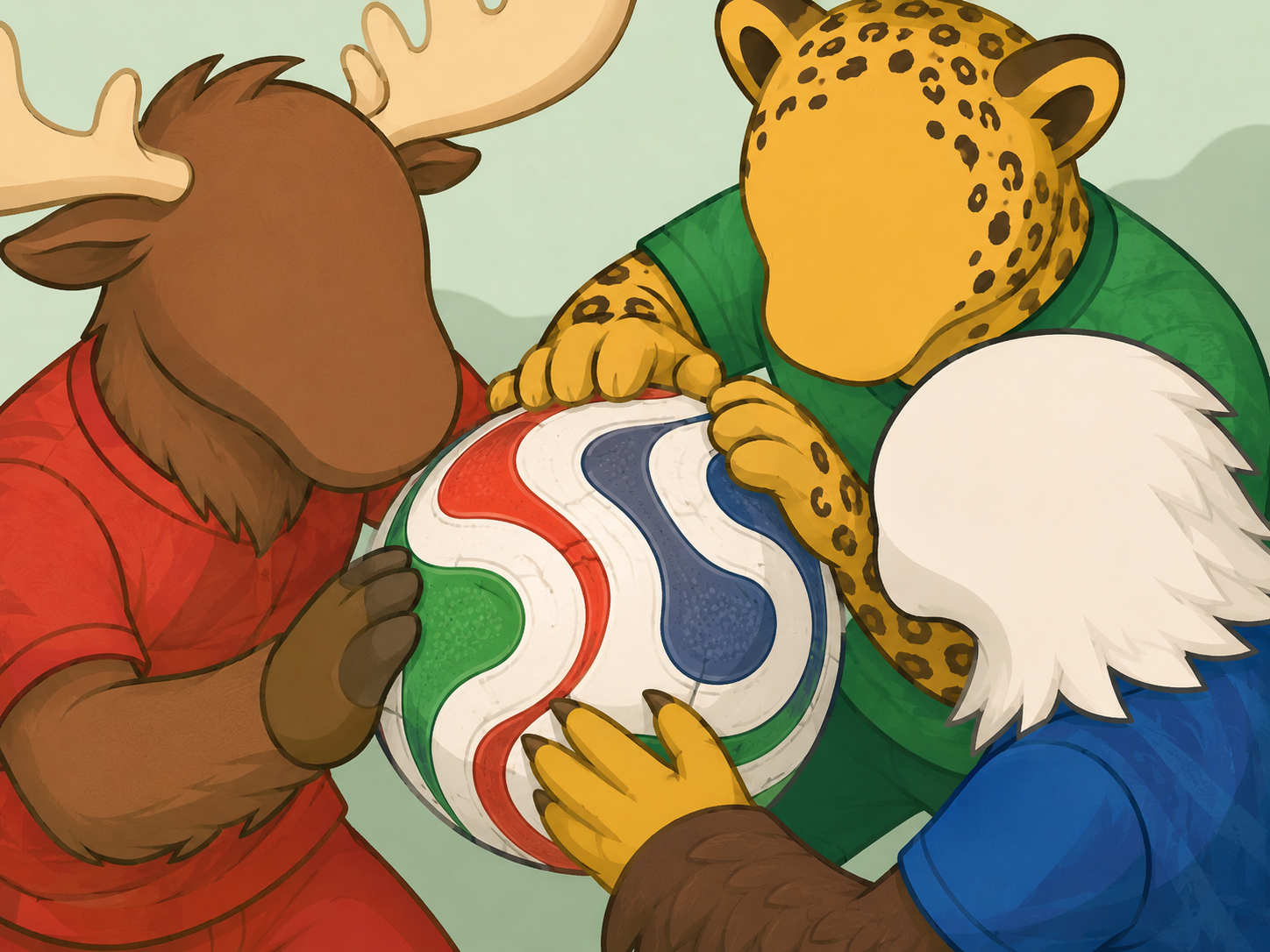 2026 World Cup mascots and Trionda match ball supporting the unified tournament emblem.