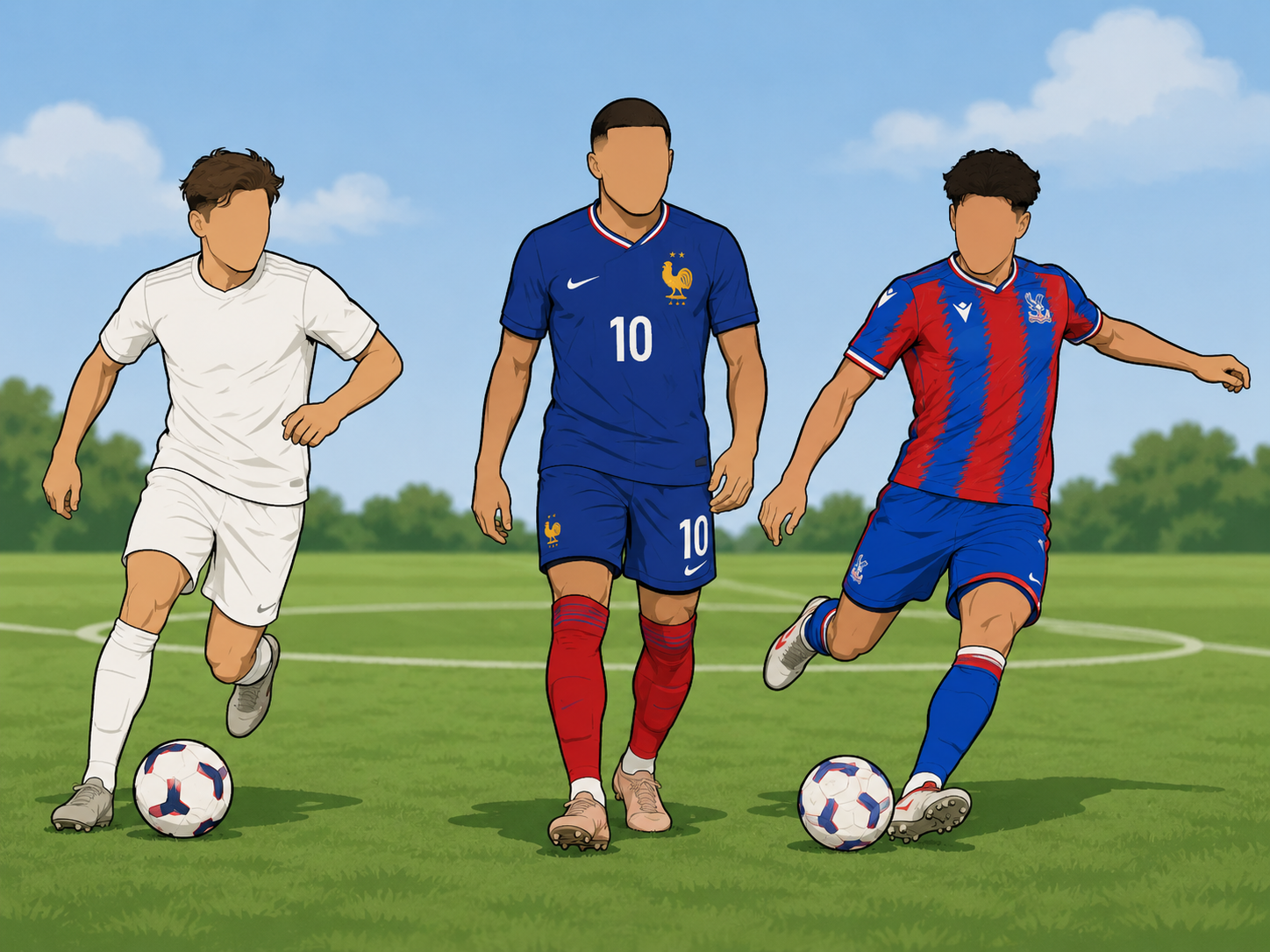 Cartoon of France's soccer star flanked by two new attacking wingers.