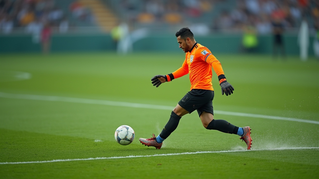 Sweeper-keeper rushing out to clear a ball behind a high defensive line in soccer.