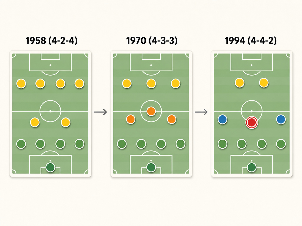 Infographic of Brazil's World Cup tactical evolution from 4-2-4 to 4-4-2.