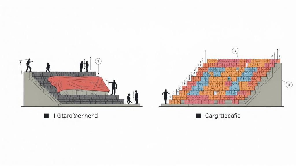 Diagram comparing giant banner and card mosaic tifo formats in soccer