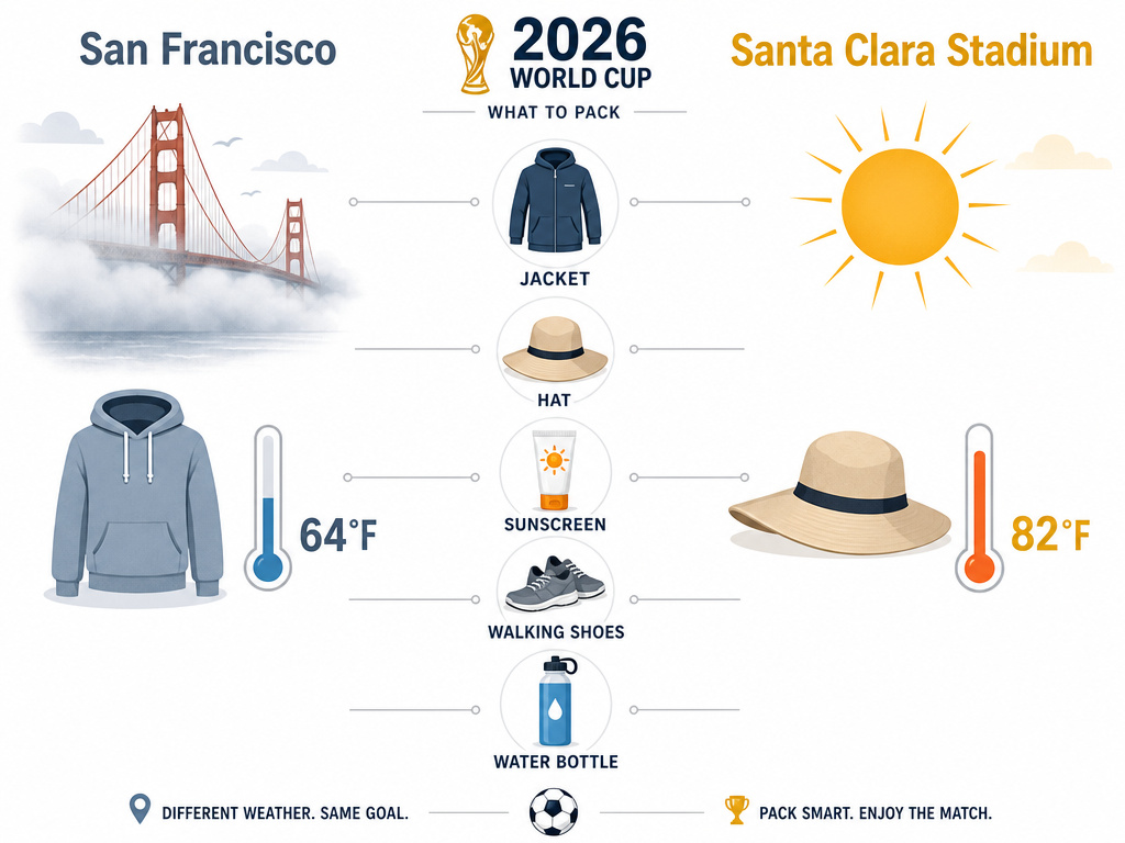 Infographic comparing San Francisco and Santa Clara weather with a packing list for World Cup 2026.