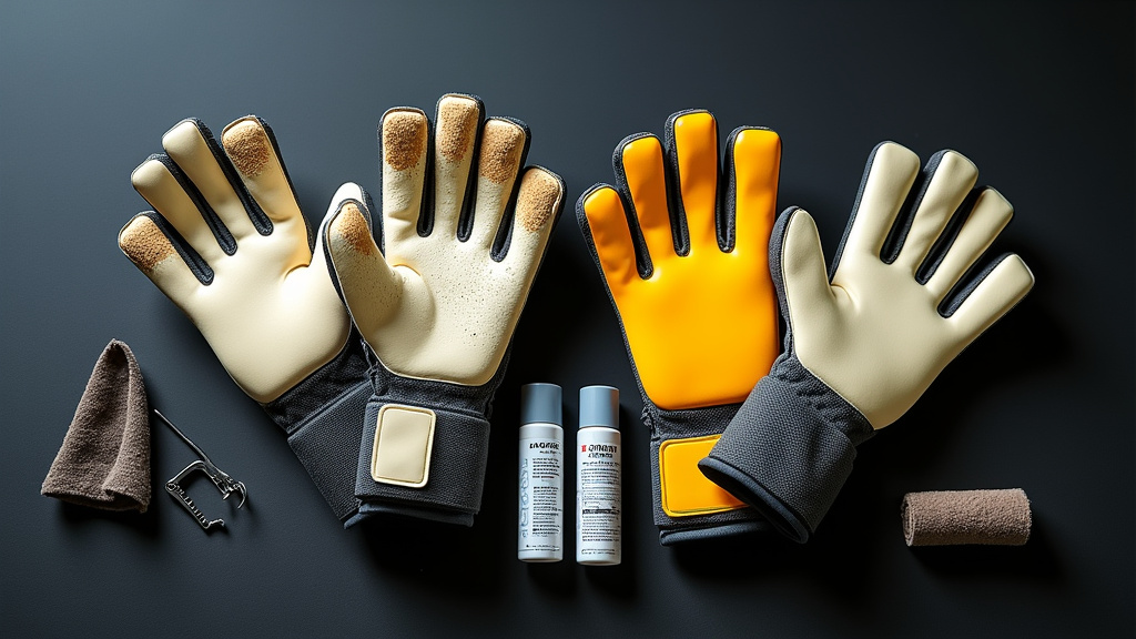 Two pairs of goalkeeper gloves with different palm types for match and training.
