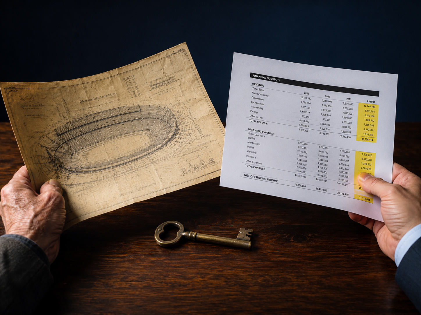 Stadium blueprint and financial spreadsheet representing generational transition.