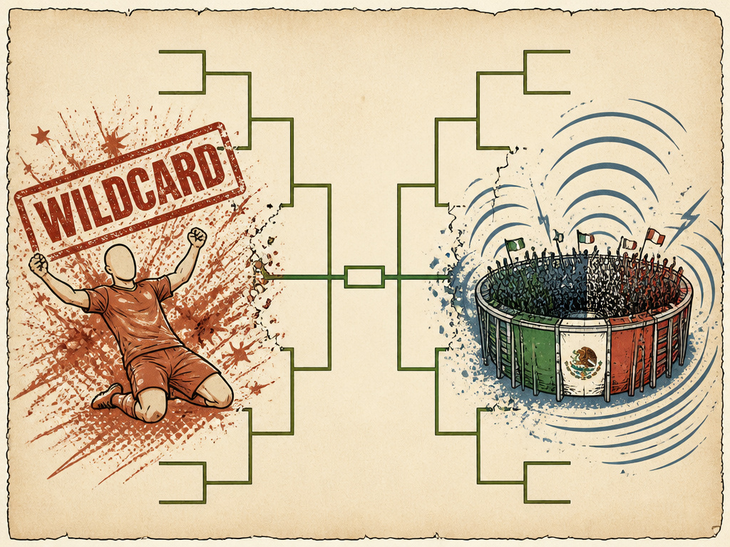 Cartoon diagram of World Cup bracket disrupted by volatility factors.