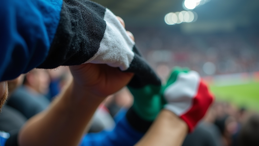 Soccer scarf and painted hand symbolize the global spread of a famous chant.