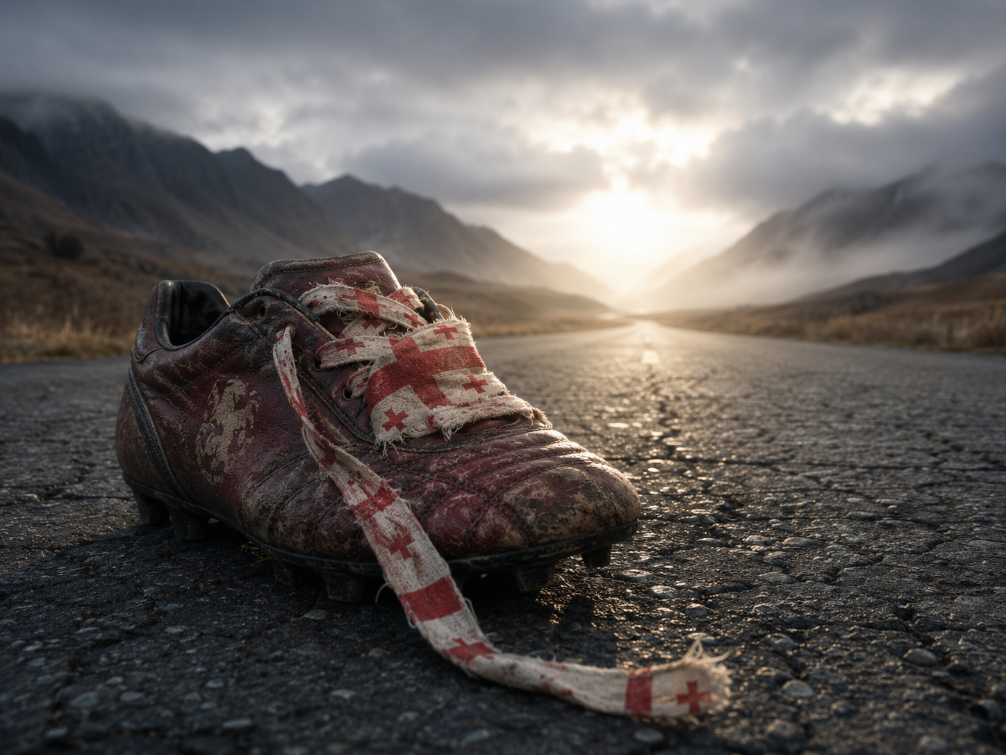 A worn football boot on a long road, symbolizing Georgia's World Cup qualification journey.