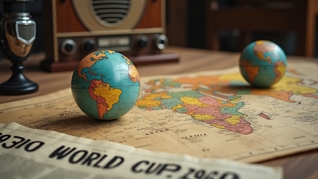 Vintage map and radio microphone depicting the first World Cup's global broadcast.