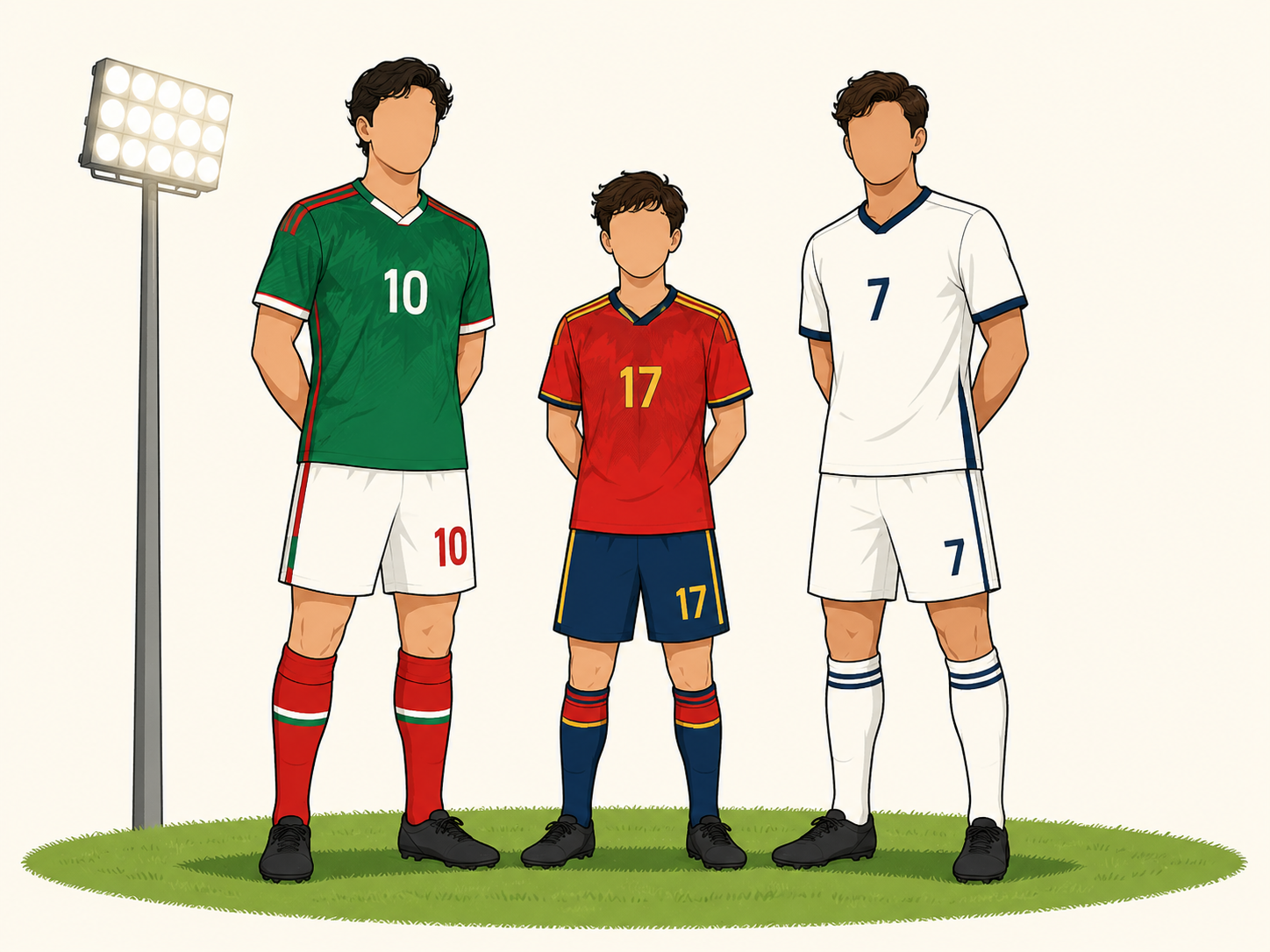 Three young faceless footballers in national kits representing the youngest World Cup squads.