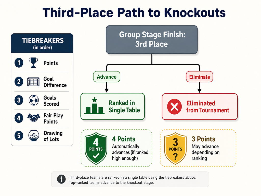 Infographic flowchart explaining World Cup third-place qualification tiebreakers and points thresholds.