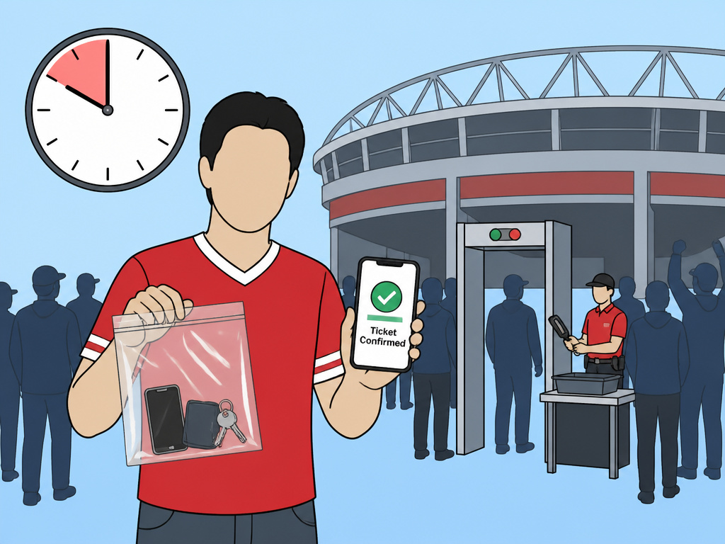 Cartoon of fan with clear bag and ticket at World Cup stadium security gate.