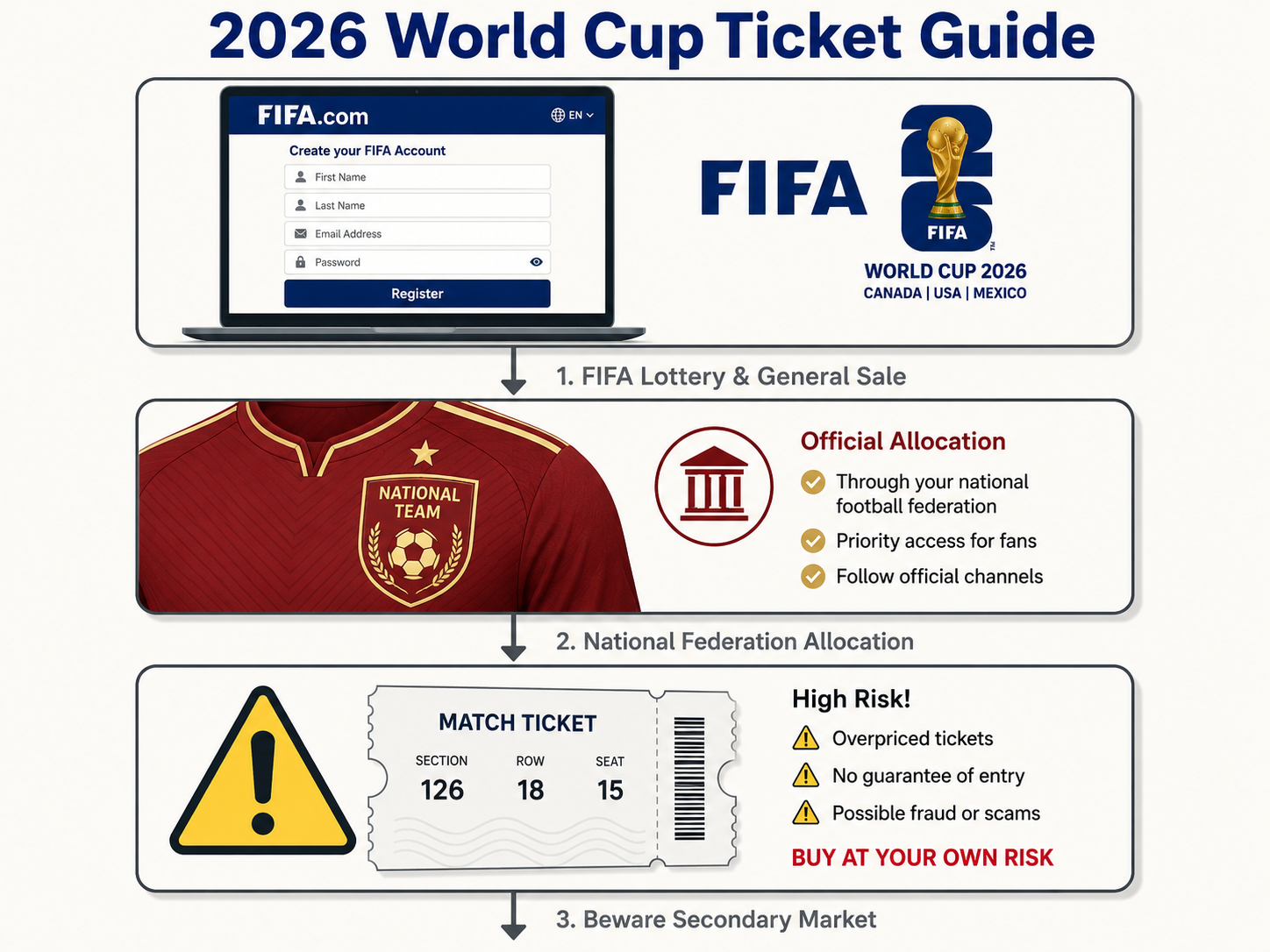 Infographic flowchart for 2026 FIFA World Cup ticket purchasing methods.
