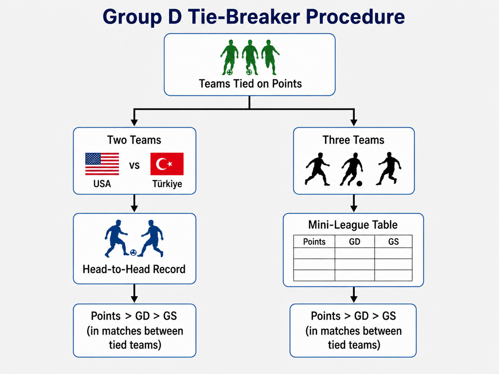 Flowchart diagram explaining World Cup group stage tie-breaking rules.