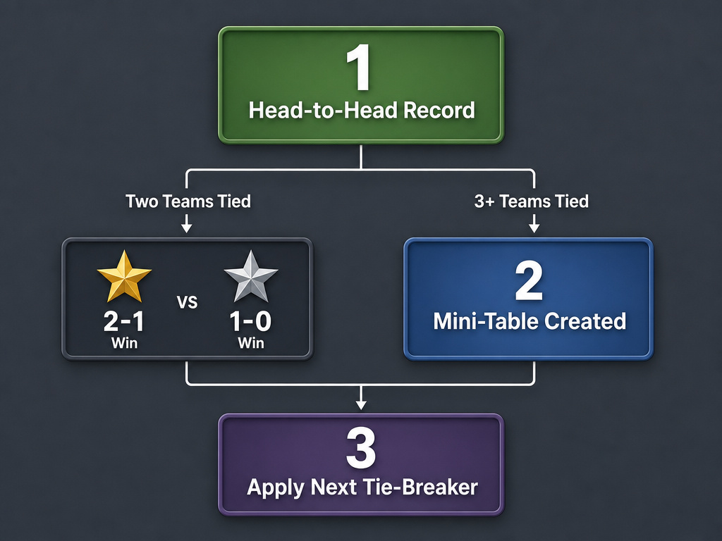 Infographic flowchart explaining FIFA World Cup tie-breaking procedures.
