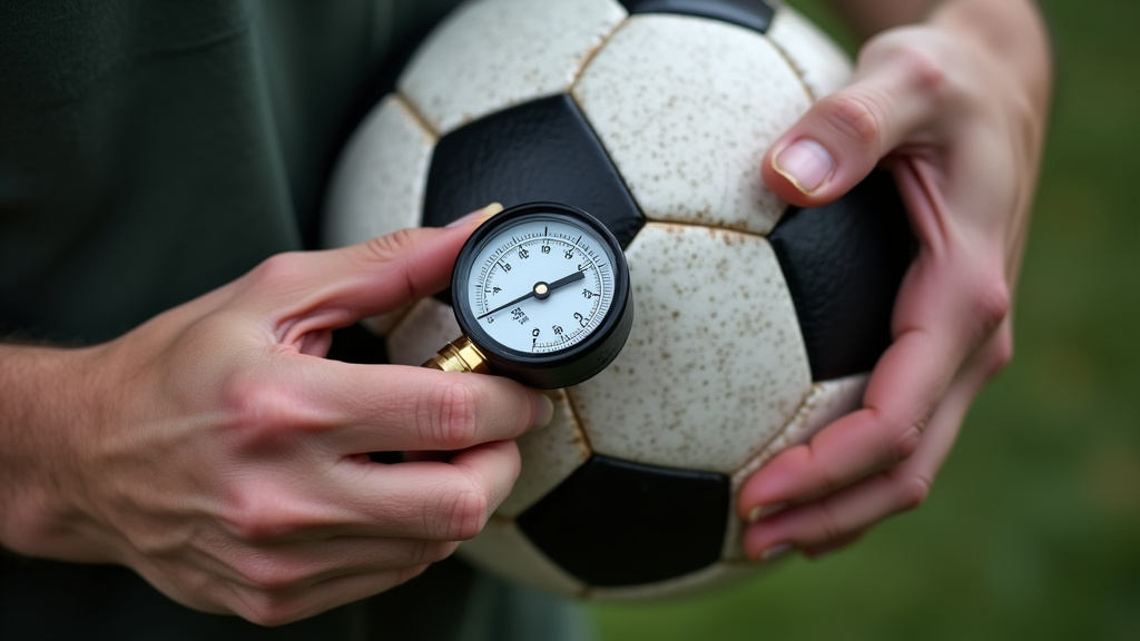 Checking soccer ball pressure with a PSI gauge for proper inflation.