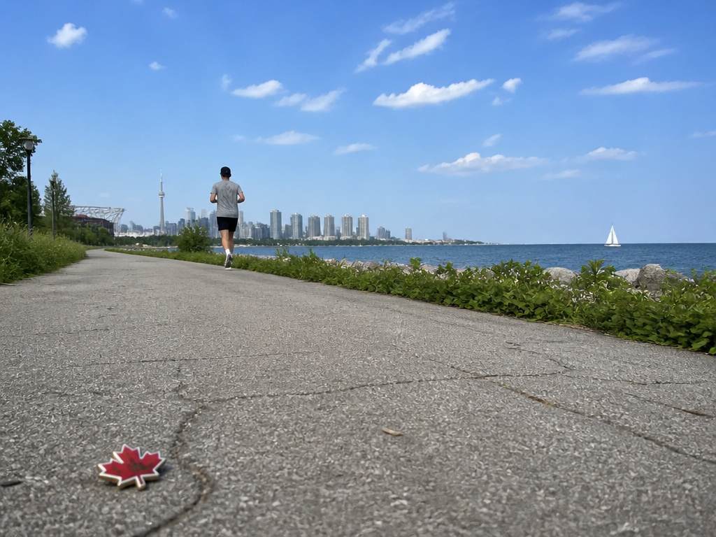 Person walking the Martin Goodman Trail with Lake Ontario and distant Toronto skyline.
