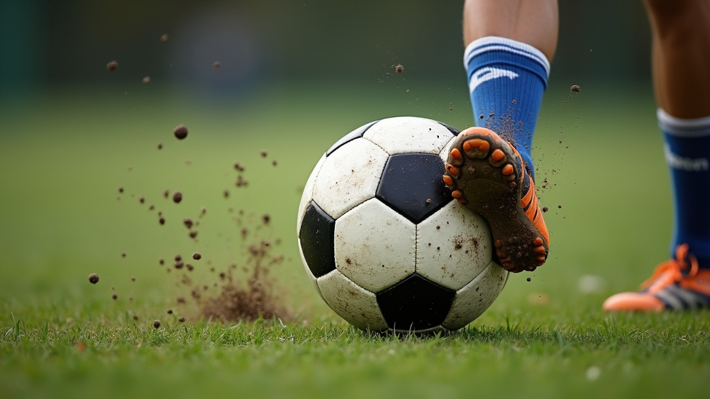 Close-up of a knuckleball soccer strike with no spin and stopped follow-through.