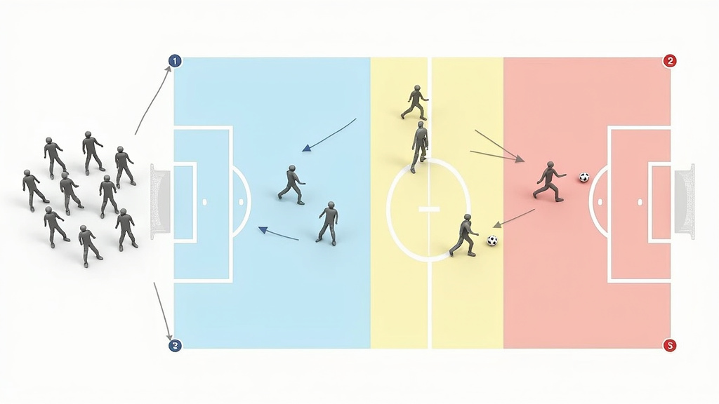 Diagram of a three-zone soccer drill for training counter-attacking transitions.