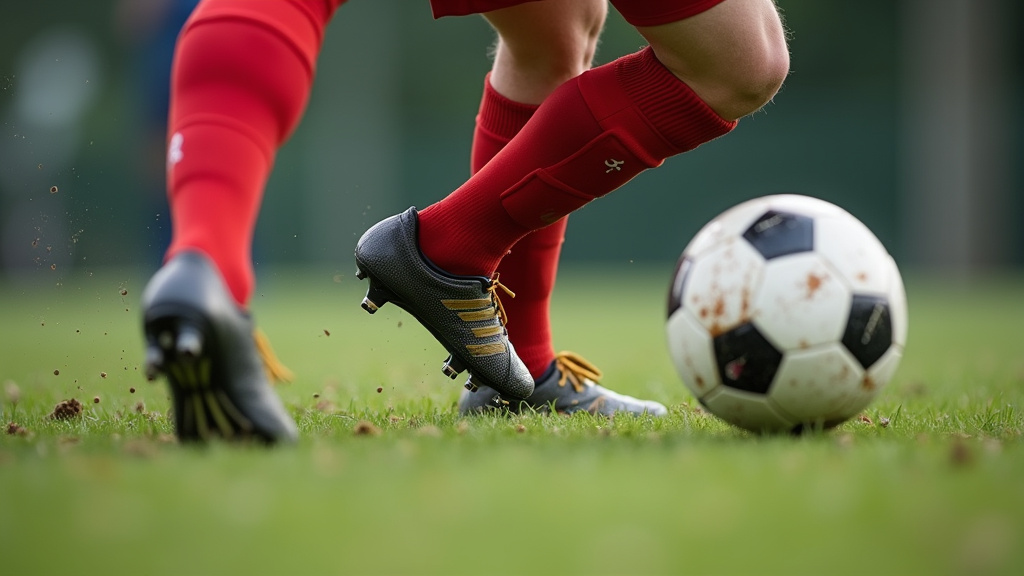 Close-up of a slide tackle showing cleat traction, shin guard, and ball contact.