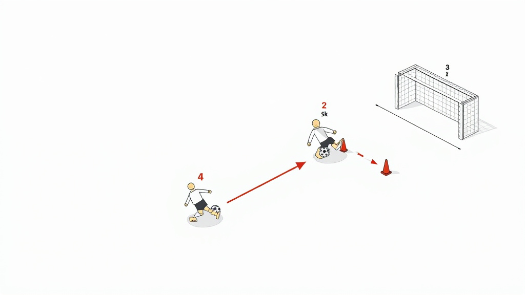 Diagram of a soccer penalty kick technique targeting a corner accuracy gate.