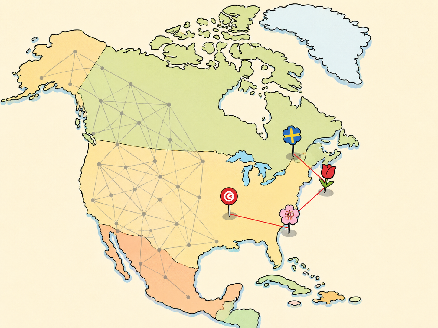 Cartoon map comparing compact Group F travel versus long cross-continent routes.