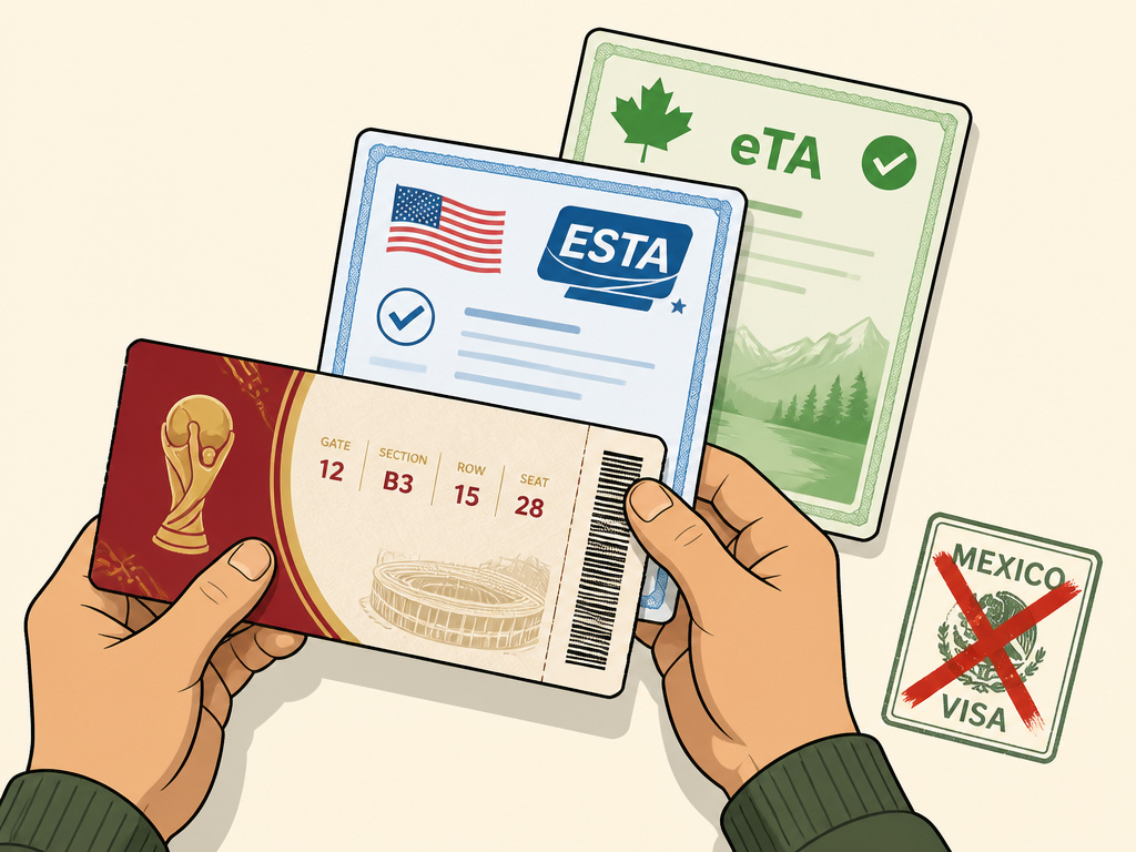 World Cup ticket, ESTA, and eTA documents held separately.