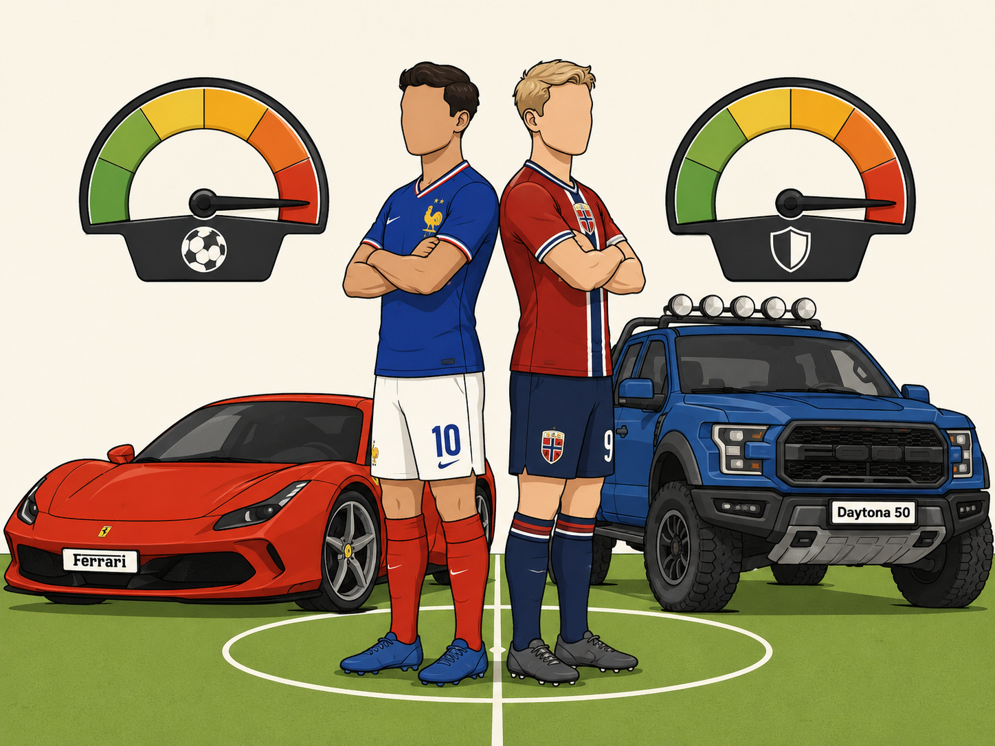 Cartoon comparing Mbappé as a sports car and Haaland as a pickup truck.