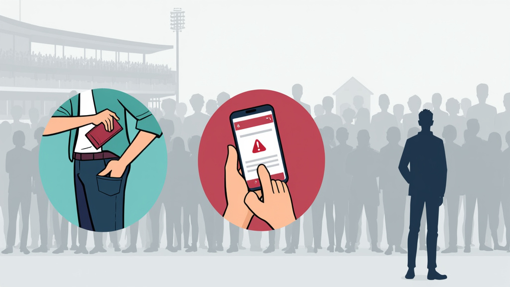 Cartoon illustrating crowd-based security threats like pickpocketing and digital scams.