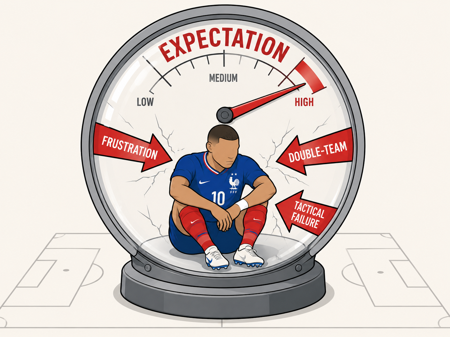 Cartoon of a soccer player under immense pressure in a labeled gauge.