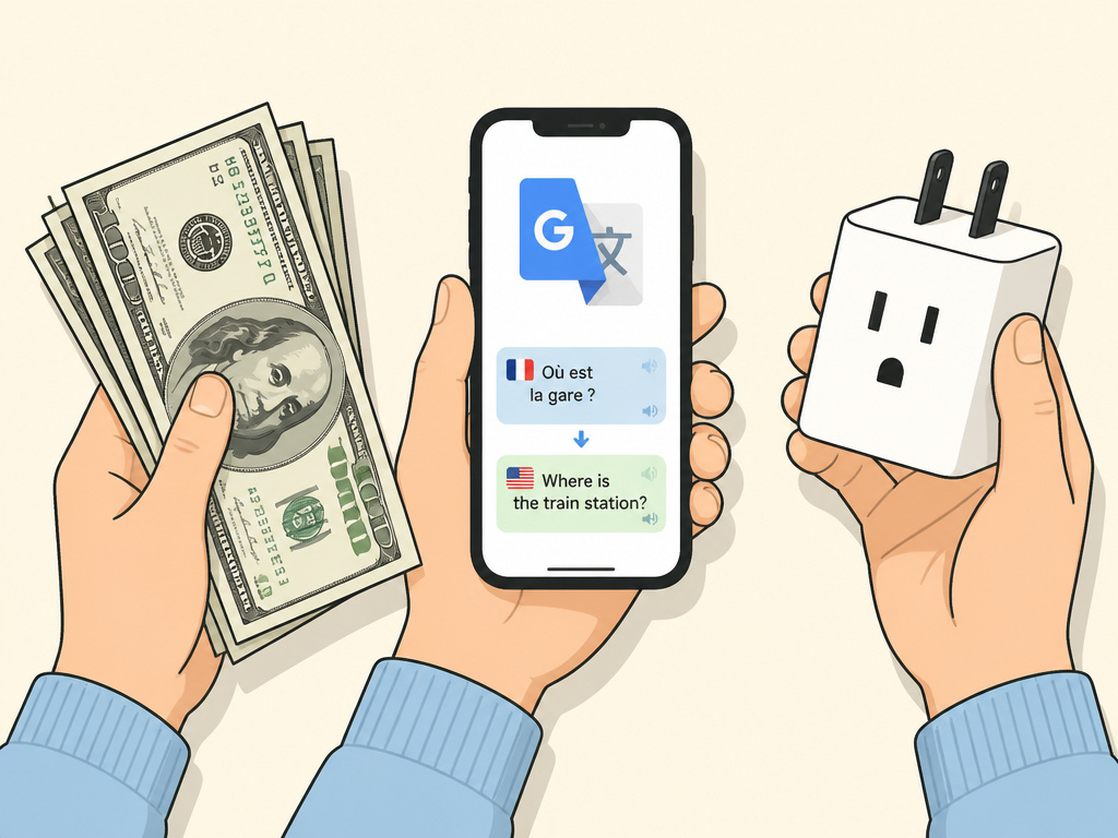 Essential items for World Cup visitors: US cash, translation app, and power adapter.
