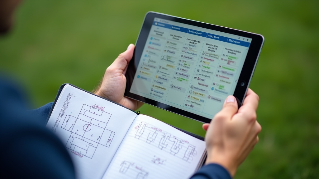 Soccer coach planning tactical training sessions on a digital tablet for 2026.