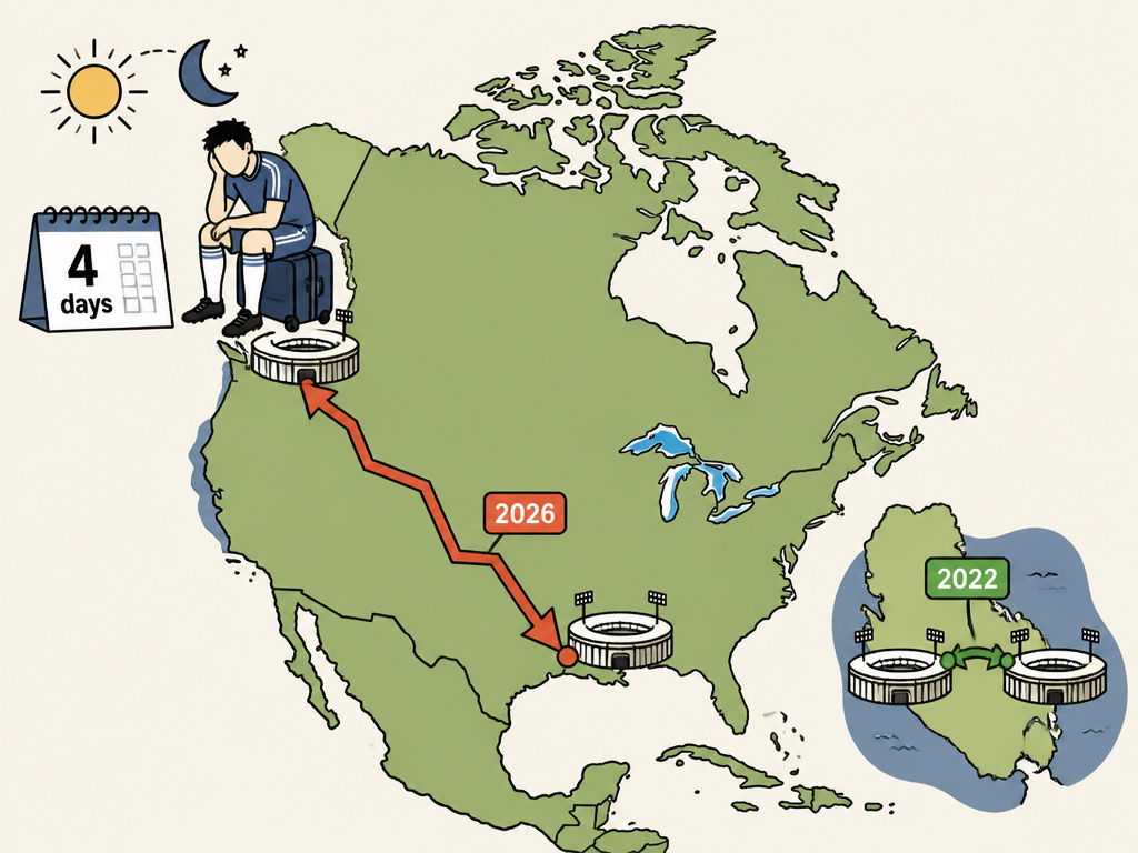 Cartoon comparing 2022 and 2026 World Cup travel distance and recovery time.