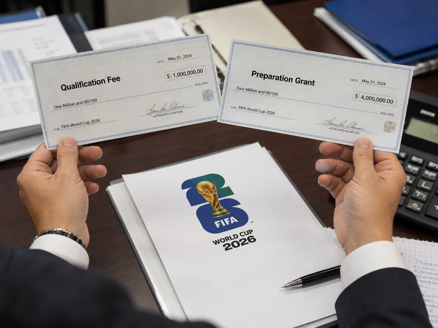 Two separate checks representing FIFA's qualification and preparation payments for World Cup 2026.