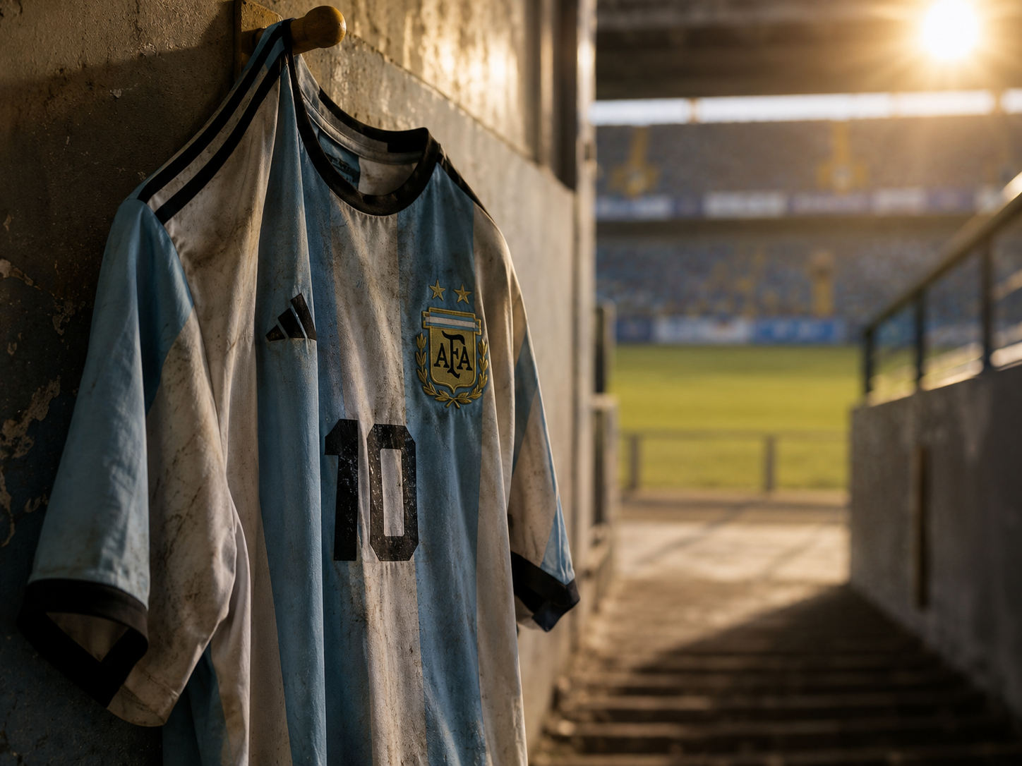 Lionel Messi's retired Argentina jersey hanging in an empty stadium corridor.