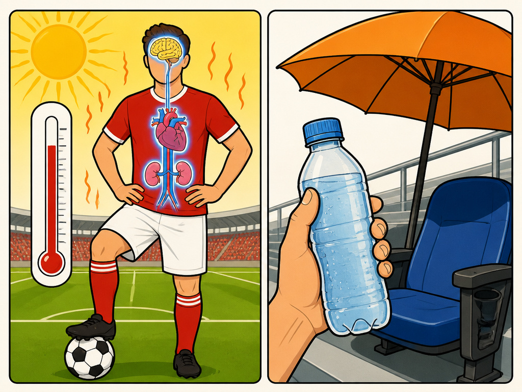Soccer player in extreme heat with organ strain diagram and fan hydration.