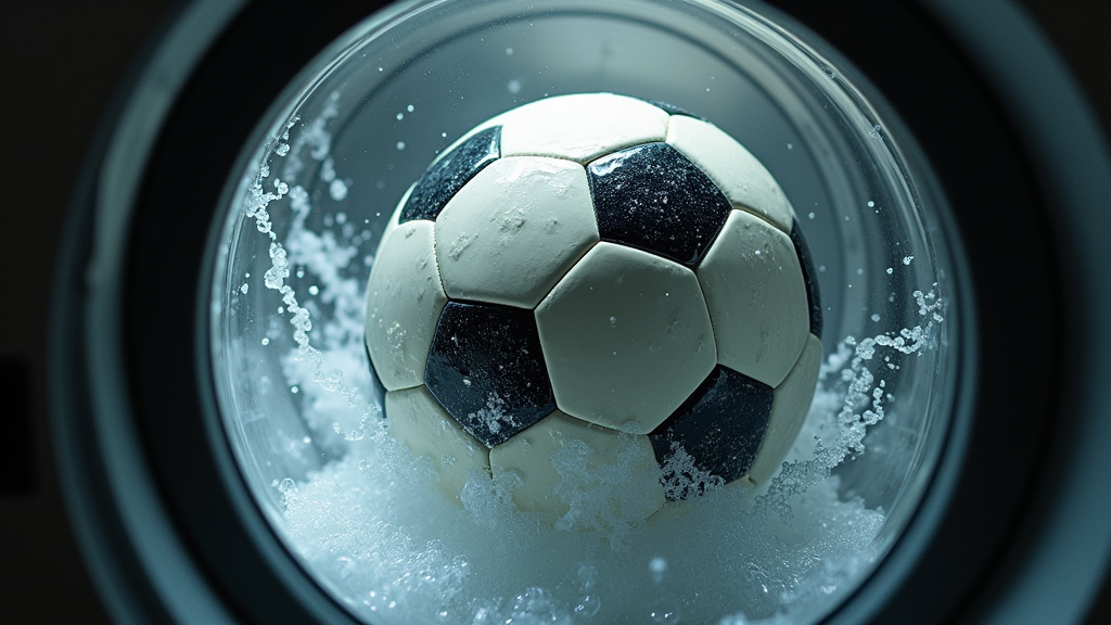 Soccer ball being damaged inside a washing machine, a cleaning myth to avoid.