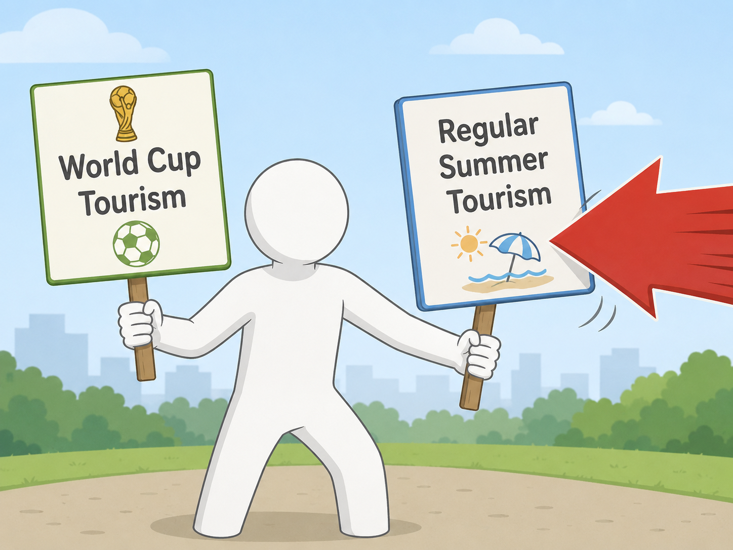 Cartoon of World Cup tourism displacing regular summer tourism.