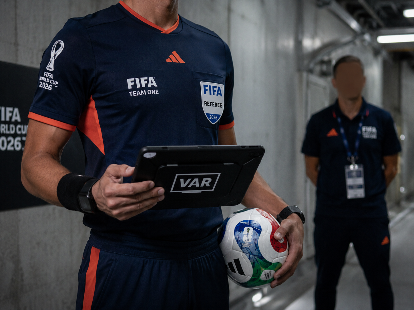 World Cup 2026 referee using VAR tablet in stadium tunnel.