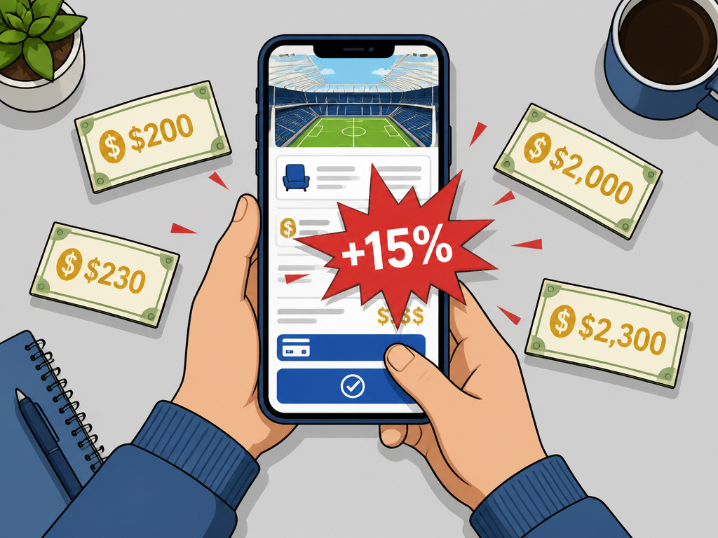 Cartoon illustrating a 15% service fee added to World Cup ticket prices at checkout.