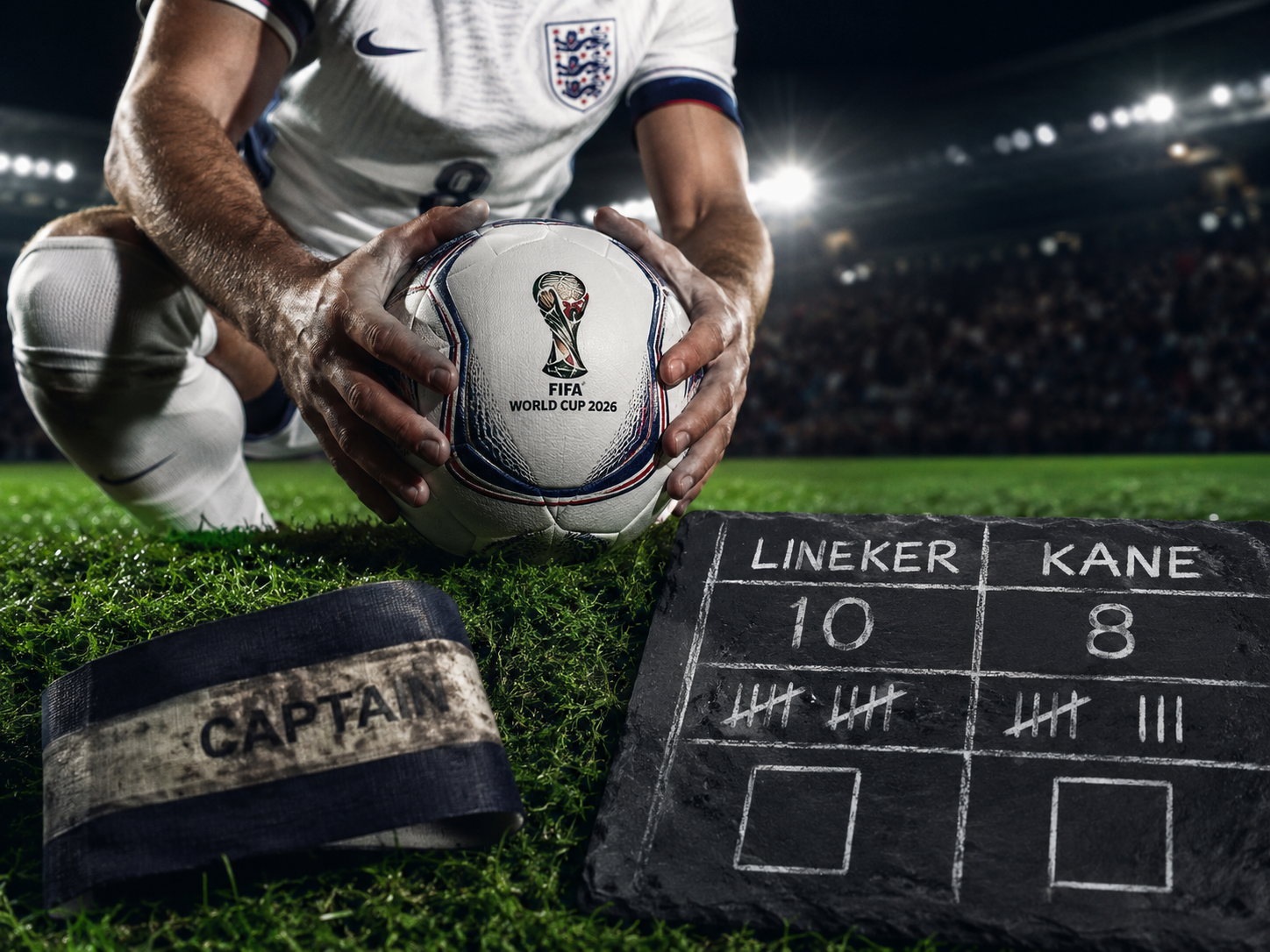 England captain's hands holding a 2026 World Cup ball near a goal record tally.