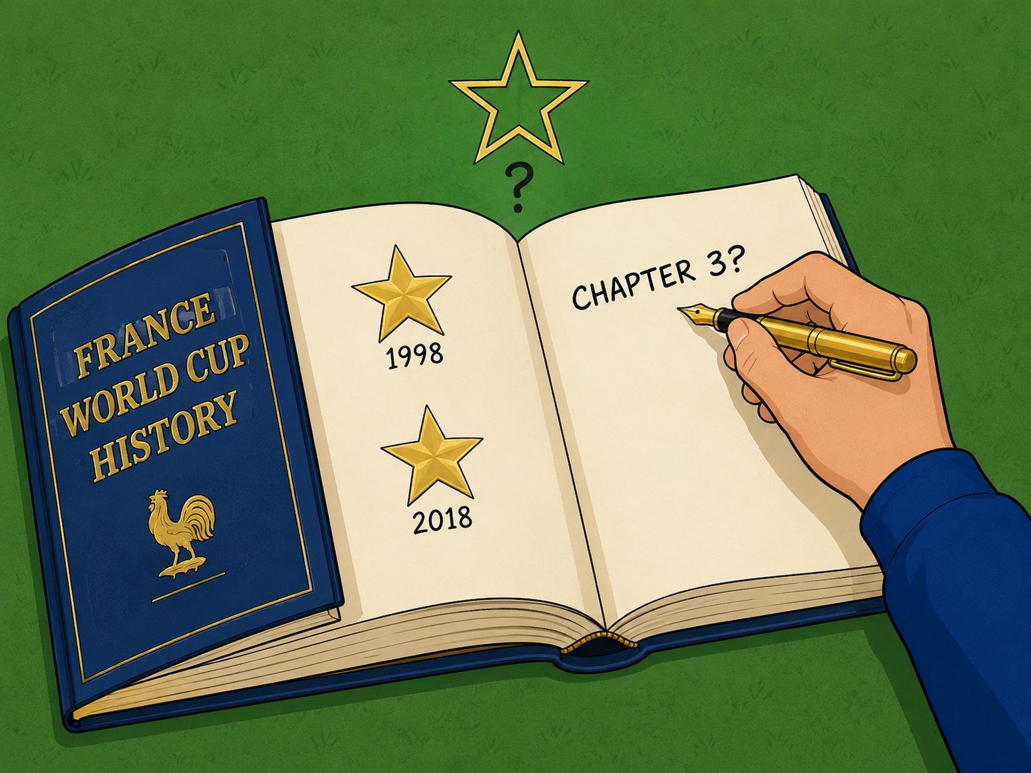 Open book symbolizing France's potential third World Cup title.