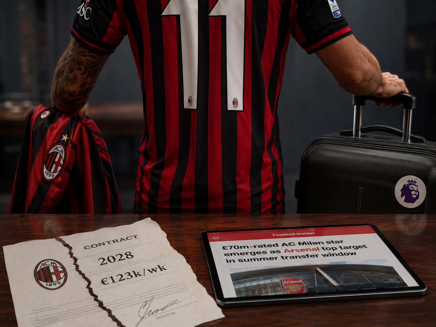 A footballer contemplates a transfer from AC Milan to the Premier League.