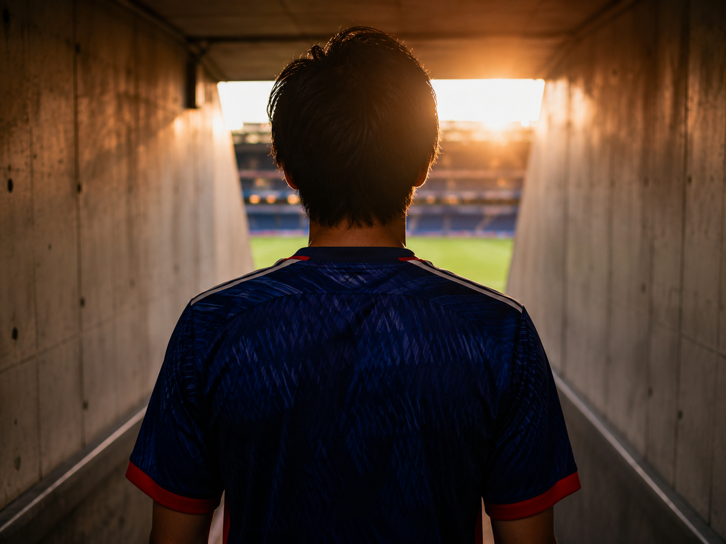 Faceless Japan soccer player in a tunnel looking toward a World Cup stadium.