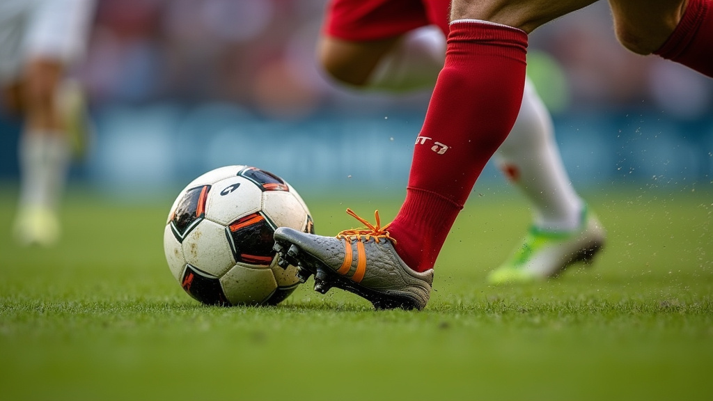 Soccer defender making a tackle after an attacker's bad touch, close-up
